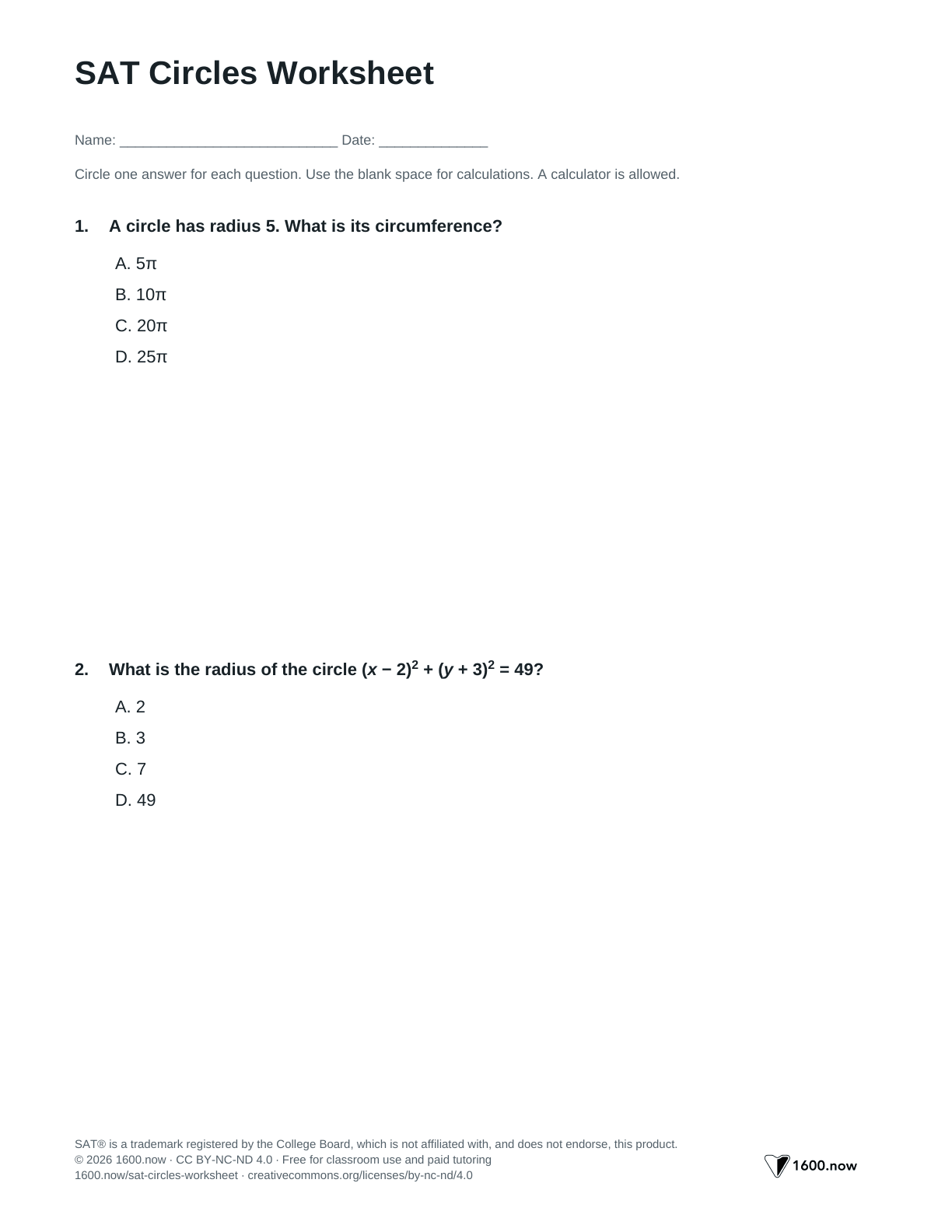 SAT Circles Worksheet, page 1: circle equations, arcs, sectors, and tangents