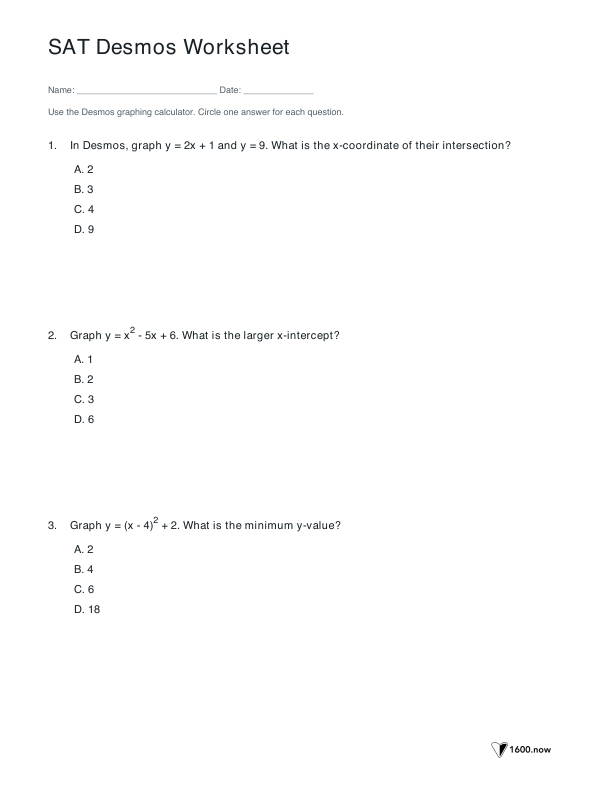 First student page of the SAT Desmos Worksheet