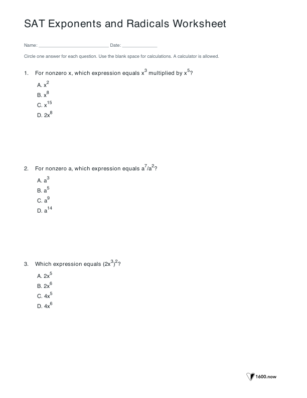 First student page of the SAT Exponents and Radicals Worksheet
