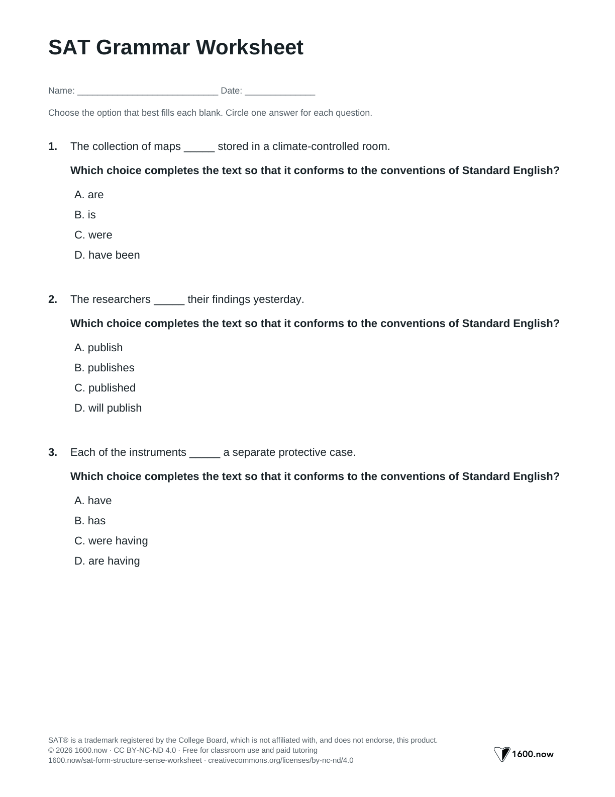 SAT Grammar Worksheet, page 1: subject-verb agreement, verb tense, pronouns, and modifiers