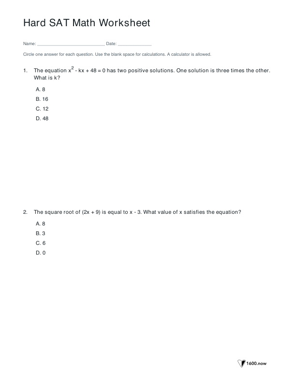 First student page of the Hard SAT Math Worksheet