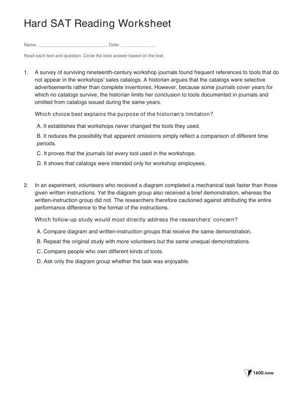 First student page of the Hard SAT Reading Worksheet