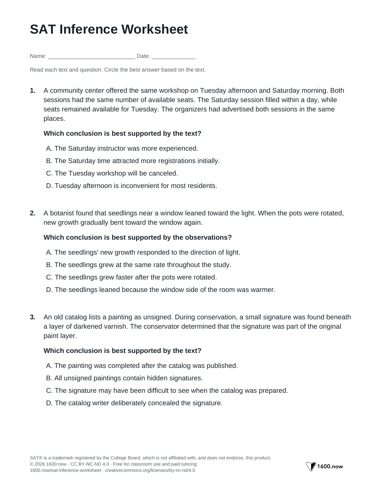 SAT Inference Worksheet, page 1: supported inferences and logical conclusions