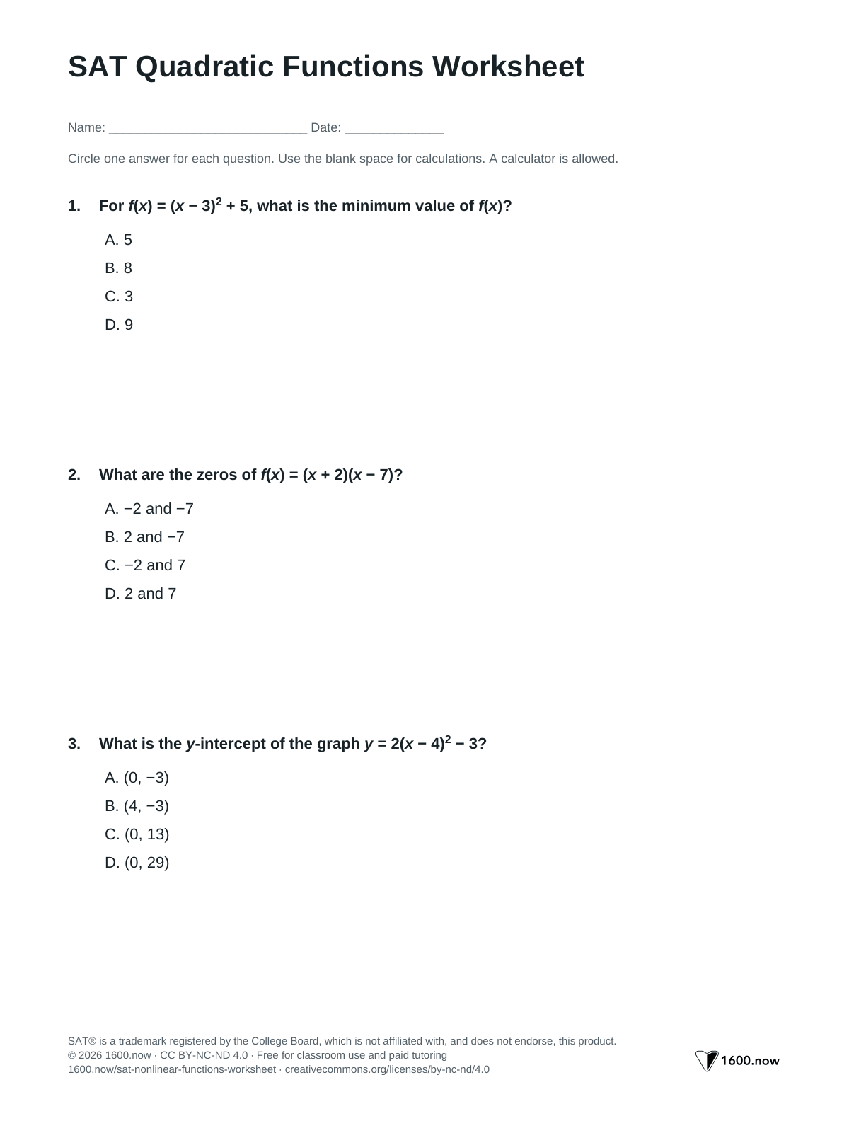 SAT Quadratic Functions Worksheet, page 1: vertex form, zeros, intercepts, and maximum values