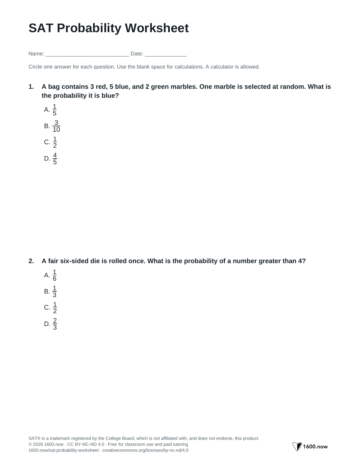 SAT Probability Worksheet, page 1: probability, two-way tables, and conditional probability