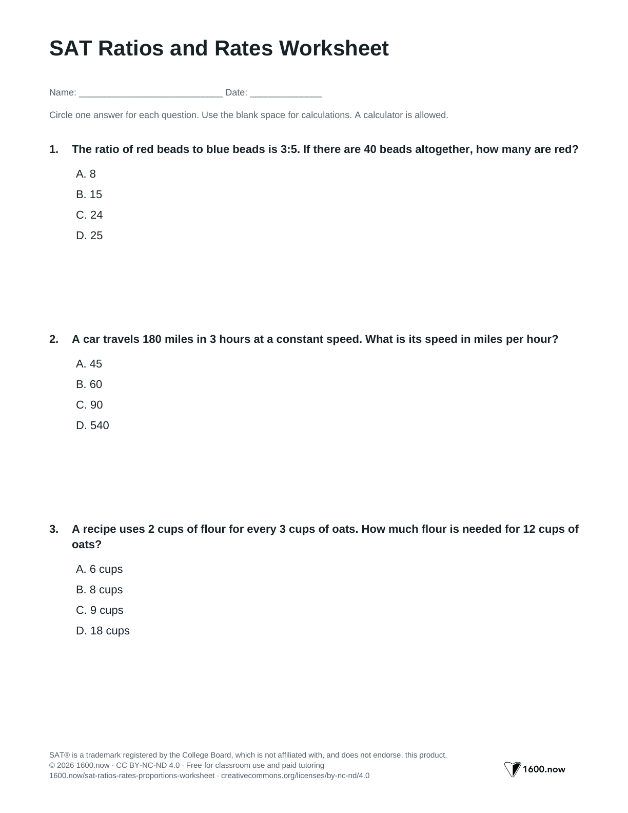 SAT Ratios and Rates Worksheet, page 1: ratios, unit rates, proportions, and conversions