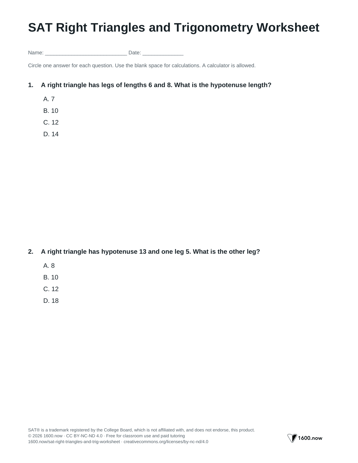 SAT Right Triangles and Trigonometry Worksheet, page 1: right triangles, special triangles, and sine, cosine, and tangent