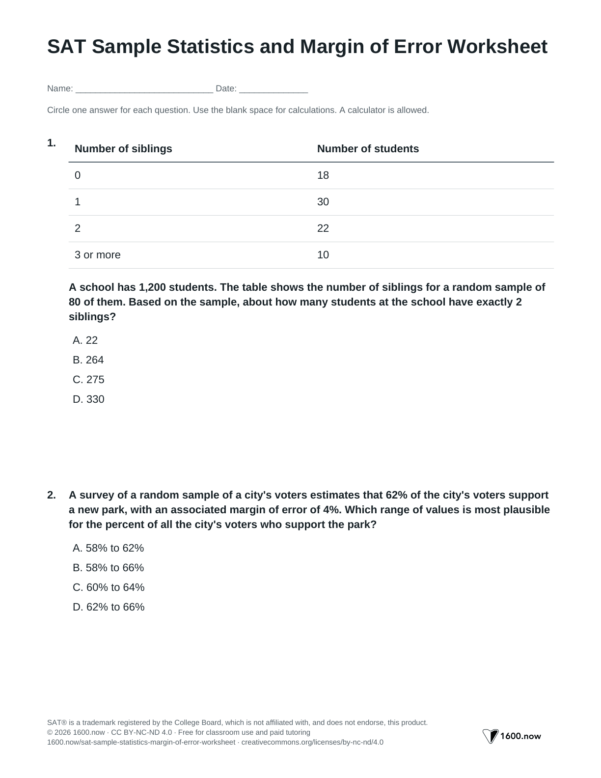 SAT Sample Statistics and Margin of Error Worksheet, page 1: random samples, margins of error, and plausible values