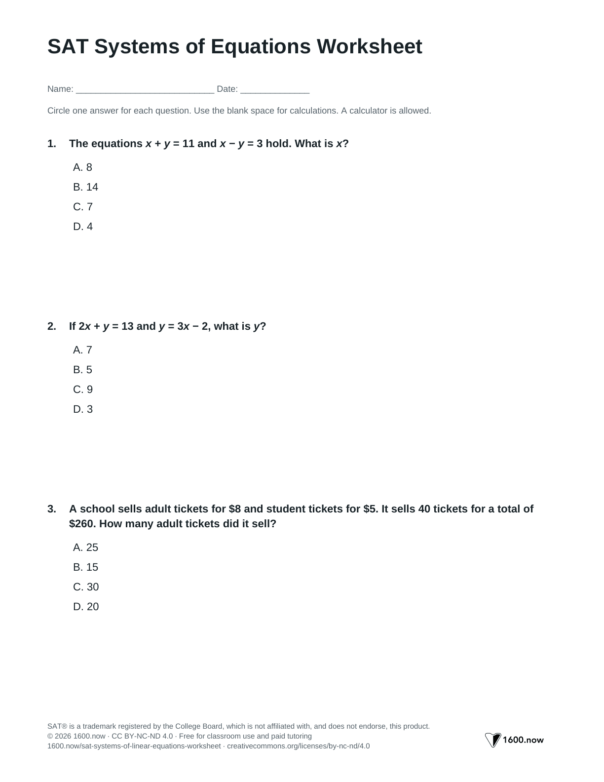 SAT Systems of Equations Worksheet, page 1: substitution, elimination, and one, zero, or infinitely many solutions
