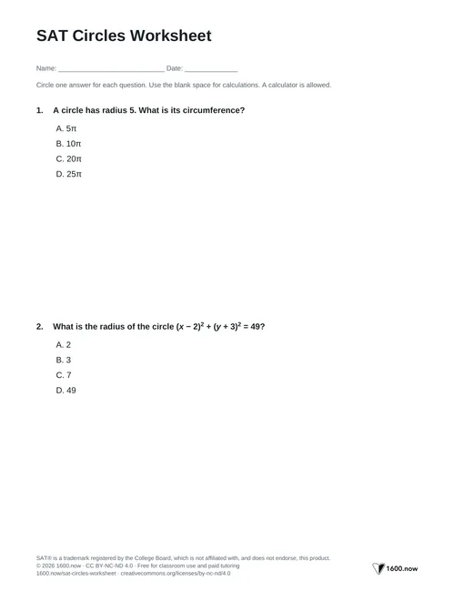 SAT Circles Worksheet, page 1: circle equations, arcs, sectors, and tangents