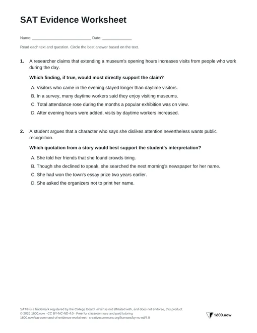SAT Evidence Worksheet, page 1: support a claim, challenge an explanation, and read a table