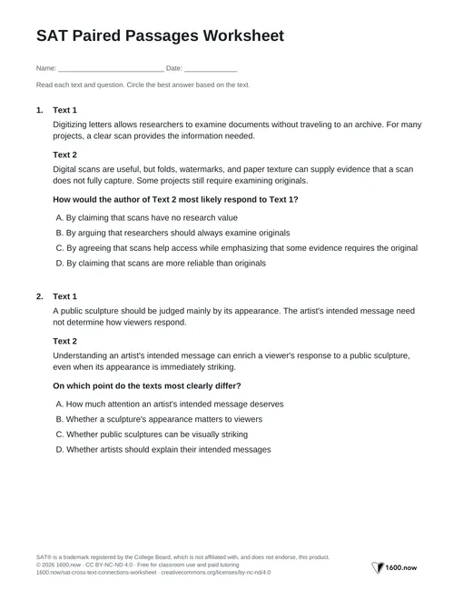 SAT Paired Passages Worksheet, page 1: agreement, disagreement, and how one author would respond to another
