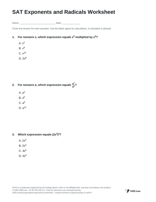 SAT Exponents and Radicals Worksheet, page 1: exponent rules, roots, and equivalent expressions