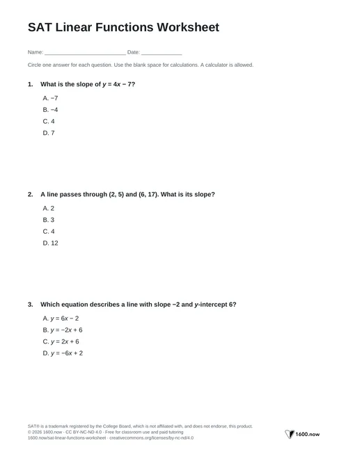 SAT Linear Functions Worksheet, page 1: slope, intercepts, and linear models