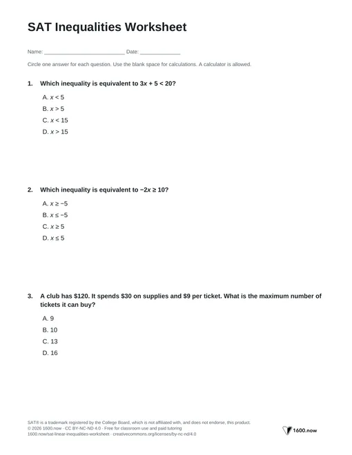 SAT Inequalities Worksheet, page 1: linear inequalities and budget constraints