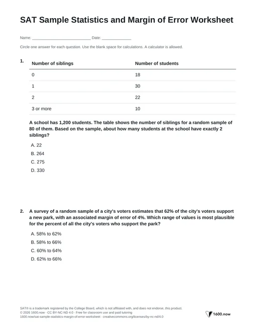 SAT Sample Statistics and Margin of Error Worksheet, page 1: random samples, margins of error, and plausible values