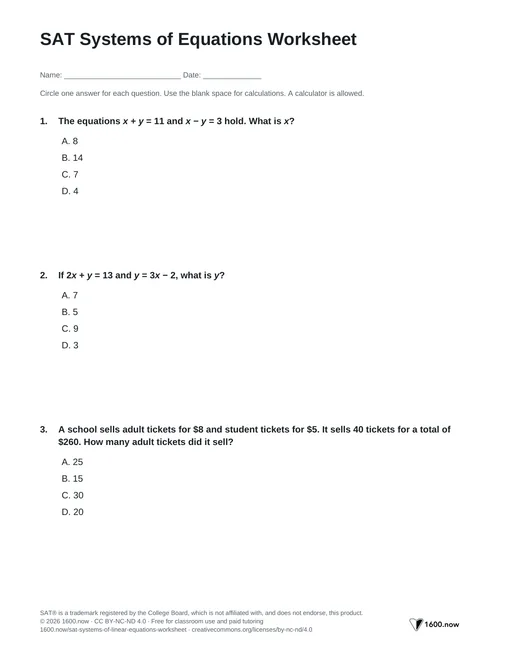 SAT Systems of Equations Worksheet, page 1: substitution, elimination, and one, zero, or infinitely many solutions
