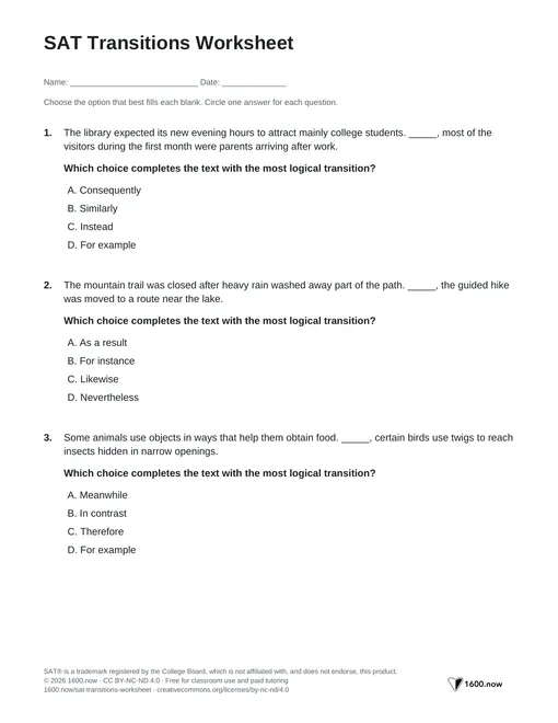 SAT Transitions Worksheet, page 1: contrast, cause and effect, examples, and sequence